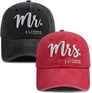 2PCS Mr and Mrs 2025 Hats for Men Women, Adjustable Cotton 3D Embroidered Gifts Baseball Cap