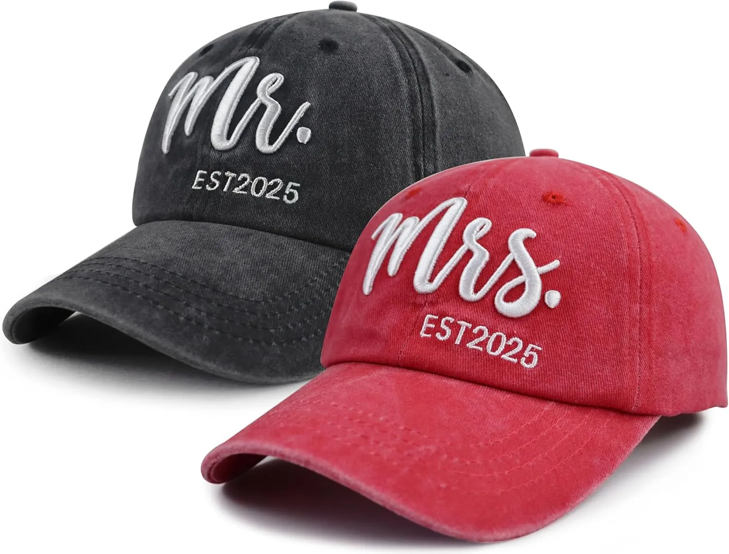 2PCS Mr and Mrs 2025 Hats for Men Women, Adjustable Cotton 3D Embroidered Gifts Baseball Cap