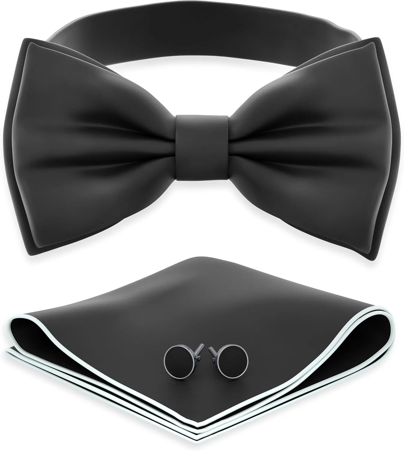 Adam Young Men's Bow Ties with Handkerchief & Cufflinks Pre-Tied Style Formal Satin Classic Bowtie for Tuxedo Faux Silk