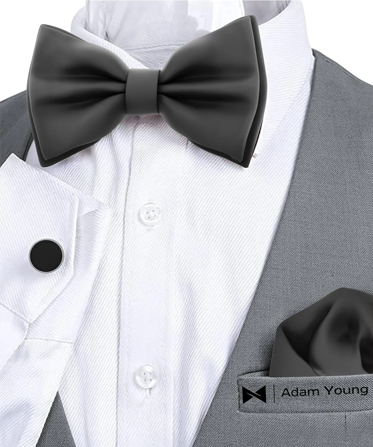 Adam Young Men's Bow Ties with Handkerchief & Cufflinks Pre-Tied Style Formal Satin Classic Bowtie for Tuxedo Faux Silk