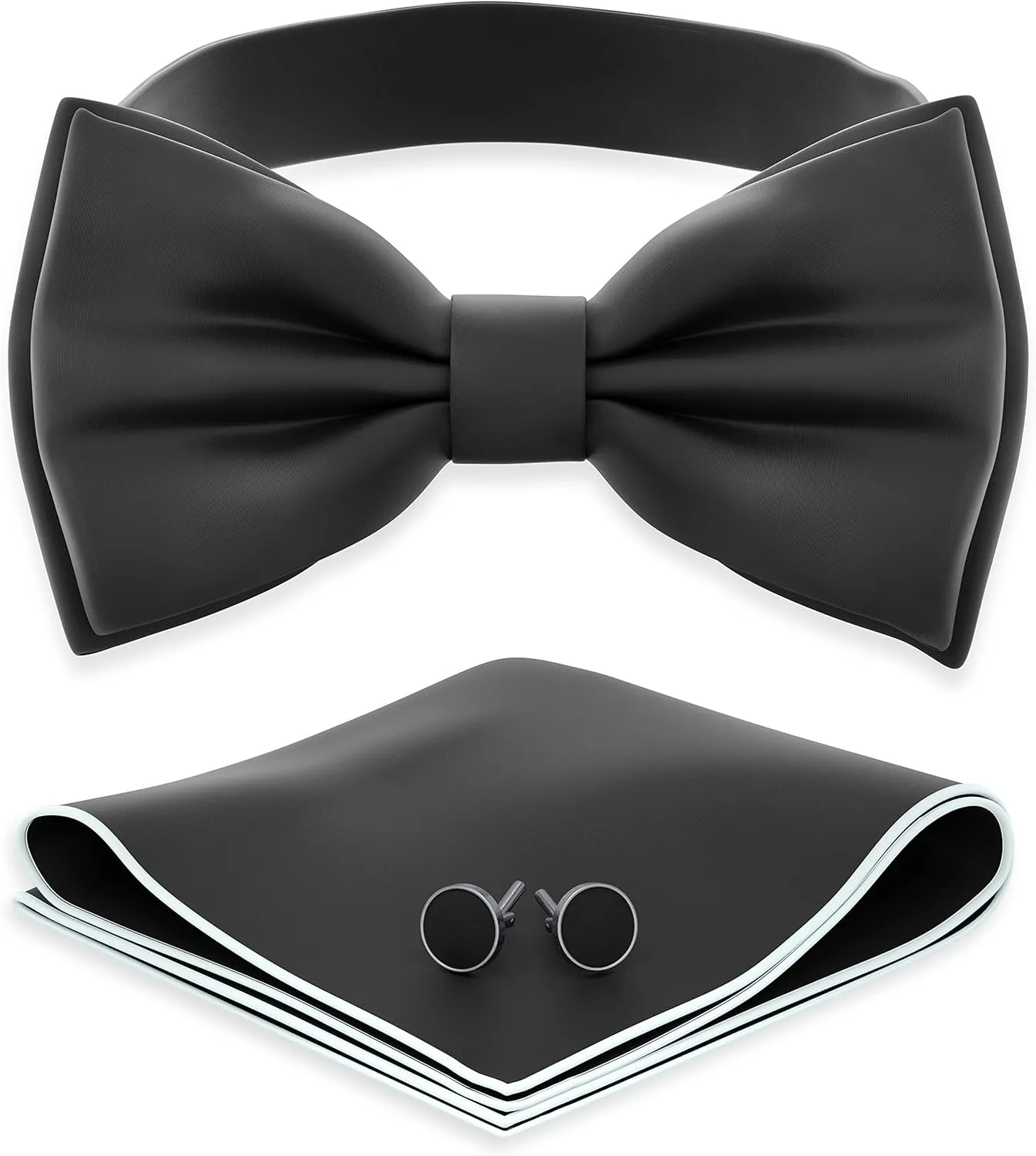 Adam Young Men's Bow Ties with Handkerchief & Cufflinks Pre-Tied Style Formal Satin Classic Bowtie for Tuxedo Faux Silk