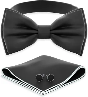 Adam Young Men's Bow Ties with Handkerchief & Cufflinks Pre-Tied Style Formal Satin Classic Bowtie for Tuxedo Faux Silk