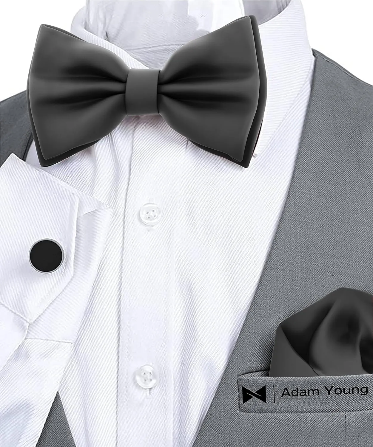Adam Young Men's Bow Ties with Handkerchief & Cufflinks Pre-Tied Style Formal Satin Classic Bowtie for Tuxedo Faux Silk