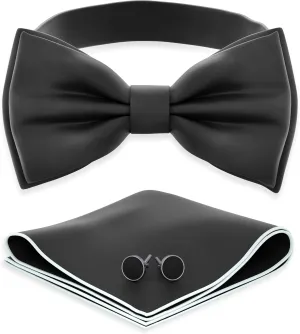 Adam Young Men's Bow Ties with Handkerchief & Cufflinks Pre-Tied Style Formal Satin Classic Bowtie for Tuxedo Faux Silk