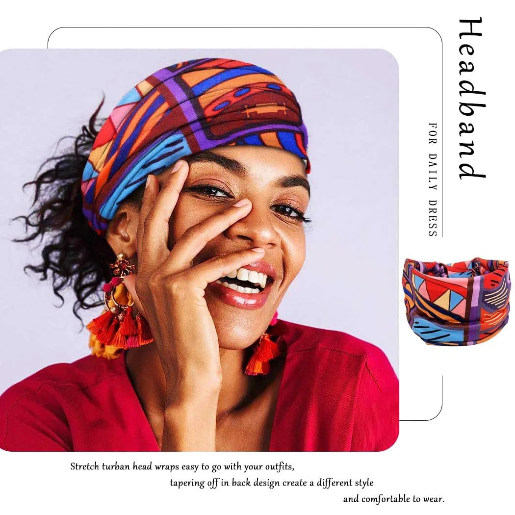 African Headbands Boho Knotted Hairbands Stretch Wide Head Wraps Elastic Yoga Turban Hair Scarfs Workout Printed Hair Accessories for Women Pack of 4 (Style B)