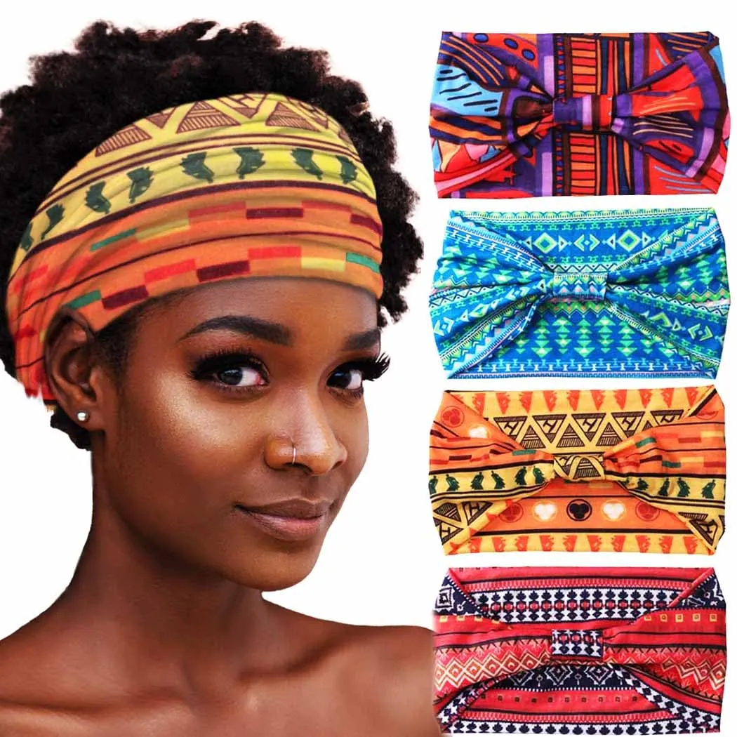 African Headbands Boho Knotted Hairbands Stretch Wide Head Wraps Elastic Yoga Turban Hair Scarfs Workout Printed Hair Accessories for Women Pack of 4 (Style B)