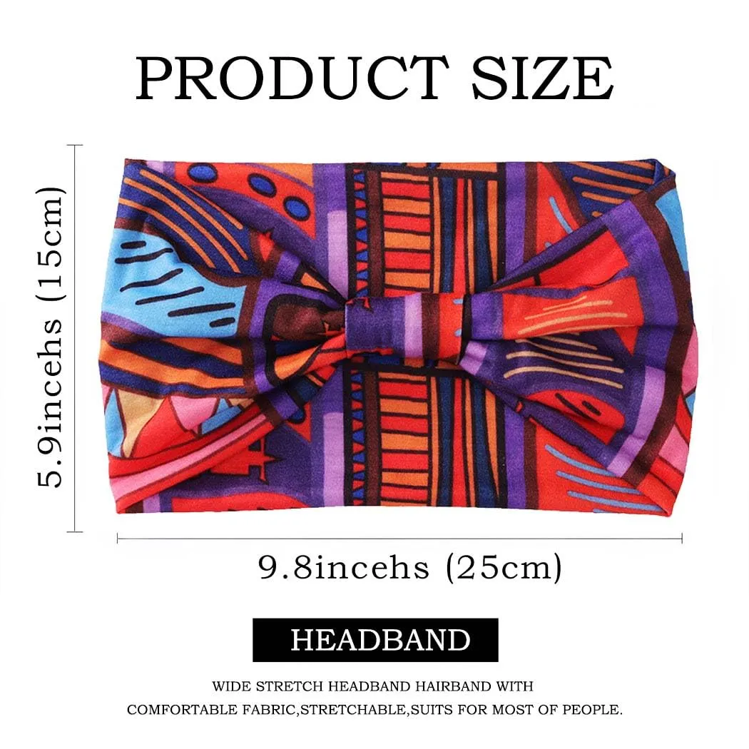 African Headbands Boho Knotted Hairbands Stretch Wide Head Wraps Elastic Yoga Turban Hair Scarfs Workout Printed Hair Accessories for Women Pack of 4 (Style B)