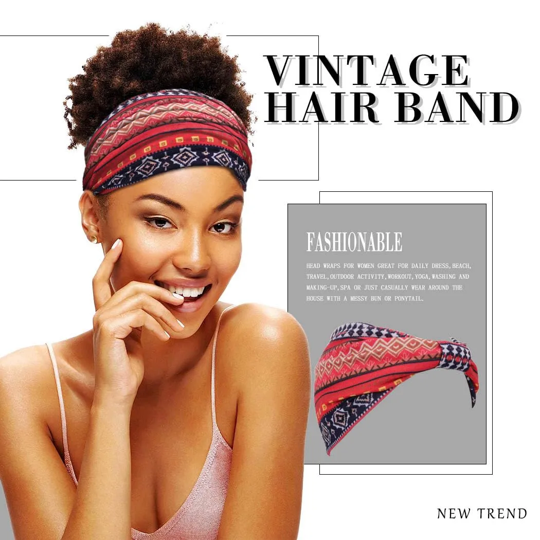 African Headbands Boho Knotted Hairbands Stretch Wide Head Wraps Elastic Yoga Turban Hair Scarfs Workout Printed Hair Accessories for Women Pack of 4 (Style B)