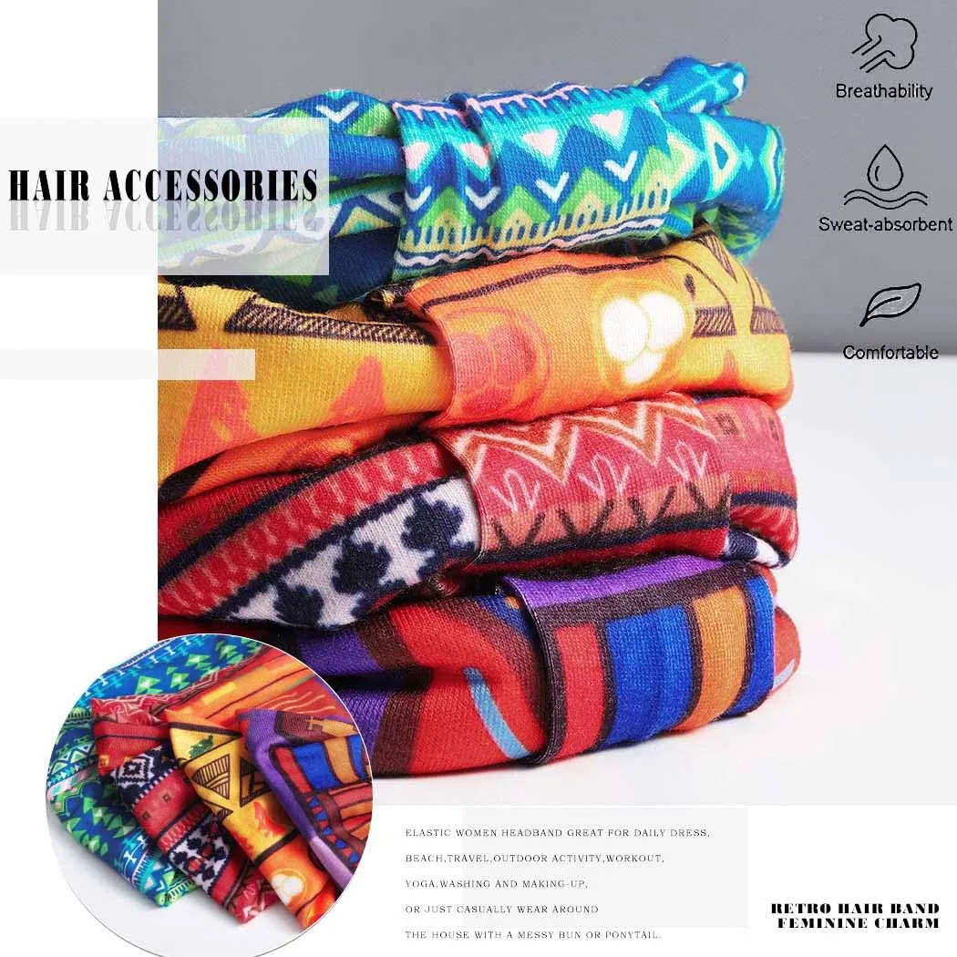 African Headbands Boho Knotted Hairbands Stretch Wide Head Wraps Elastic Yoga Turban Hair Scarfs Workout Printed Hair Accessories for Women Pack of 4 (Style B)