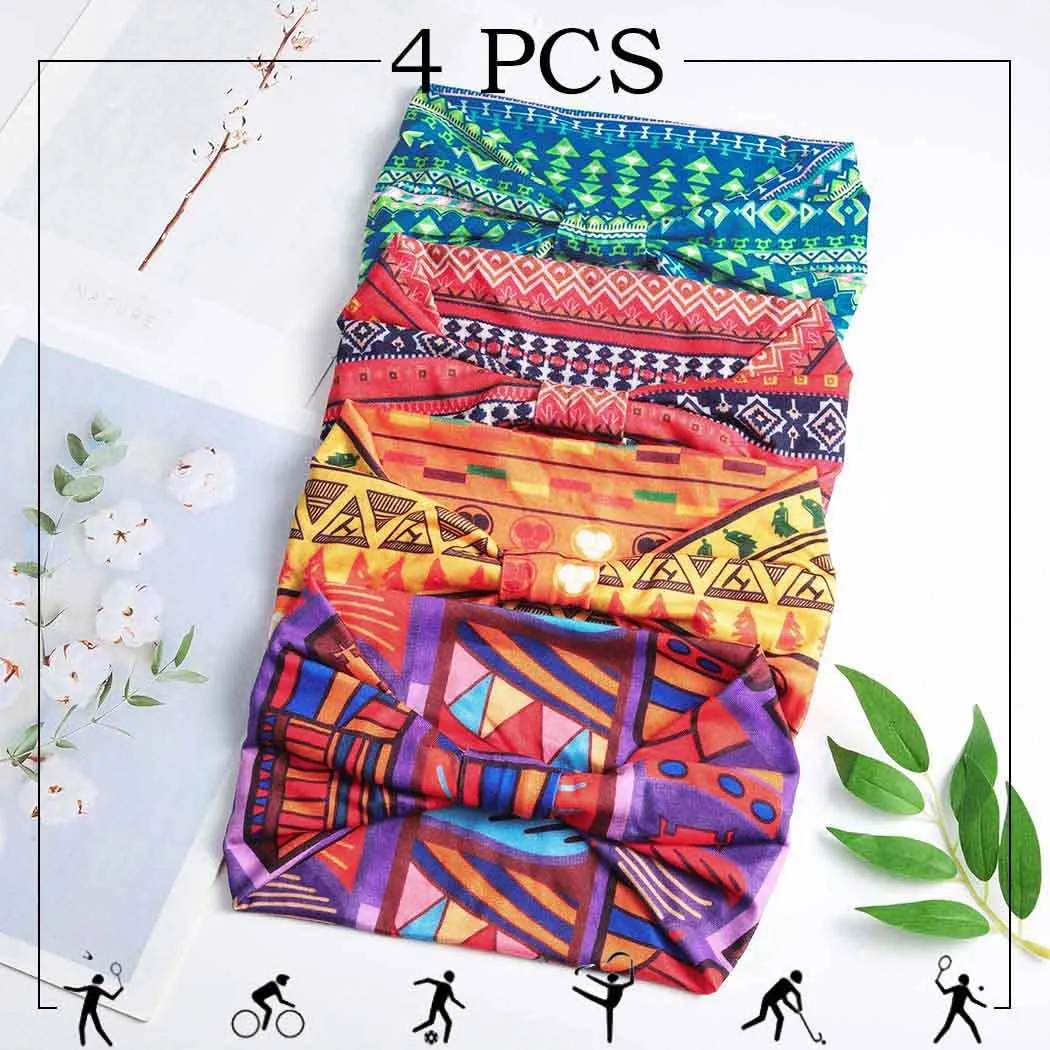 African Headbands Boho Knotted Hairbands Stretch Wide Head Wraps Elastic Yoga Turban Hair Scarfs Workout Printed Hair Accessories for Women Pack of 4 (Style B)