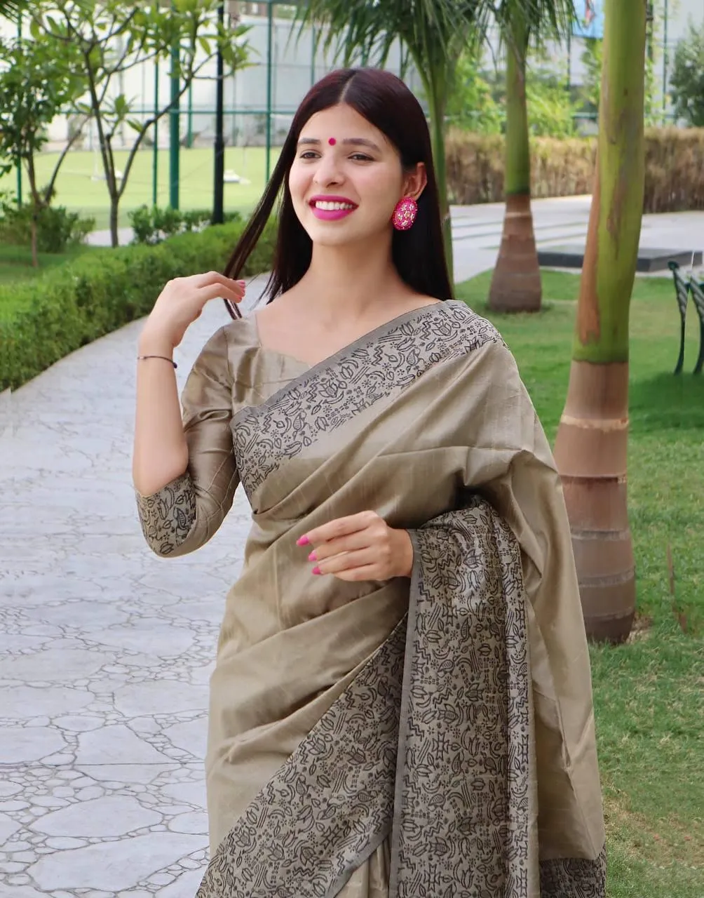 Beige Banglori Handloom Raw Silk  Saree