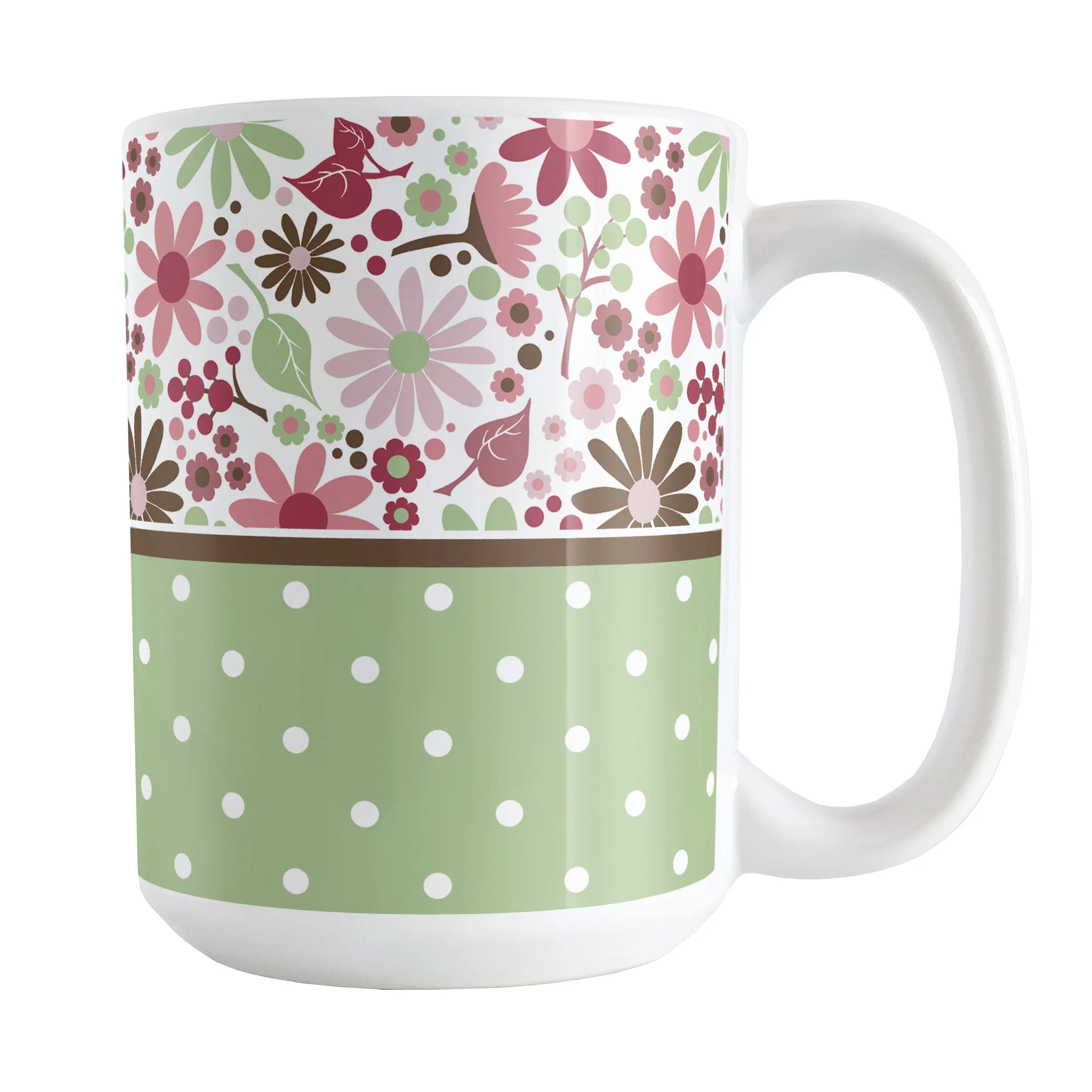 Berry Green Summer Flowers Polka Dot Mug