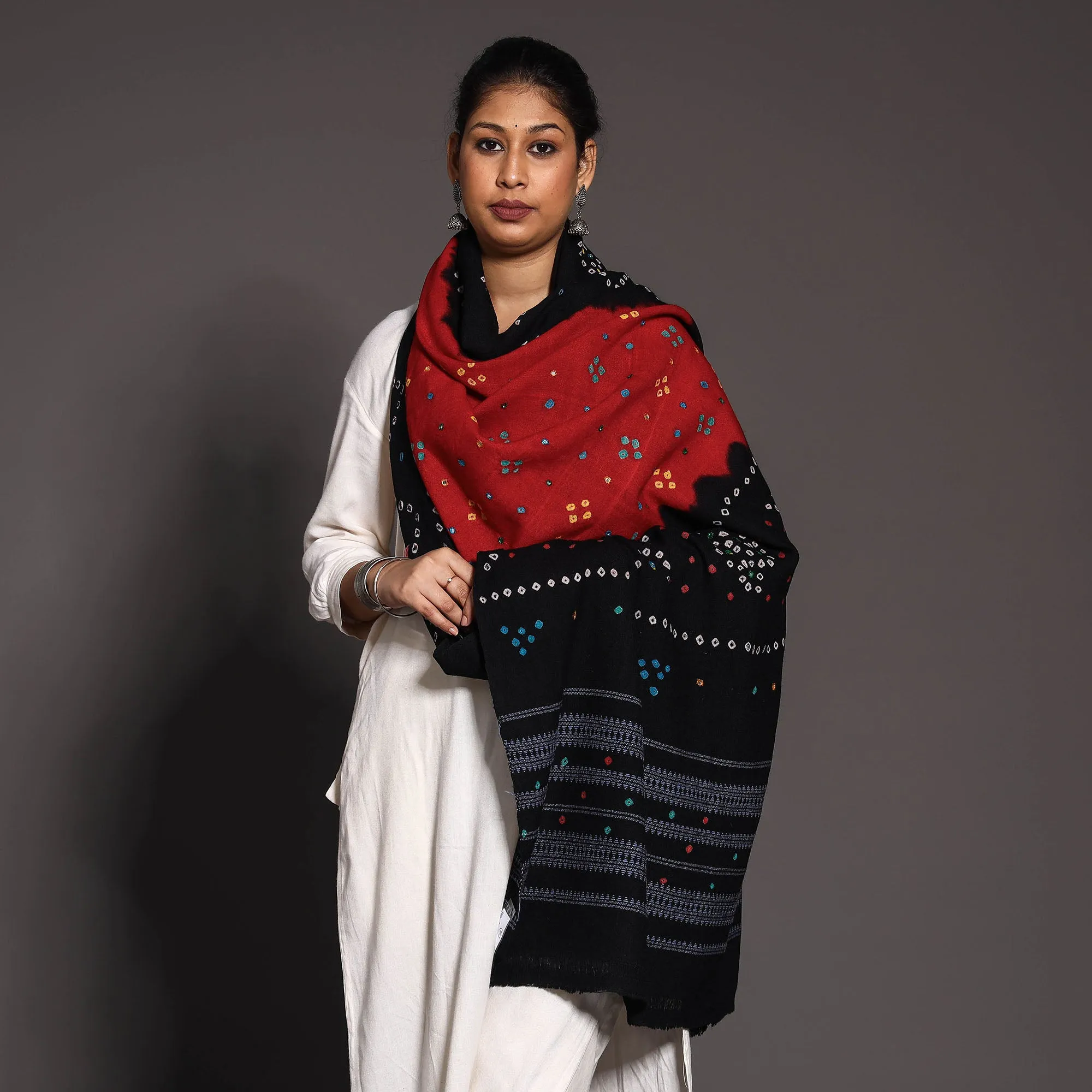 Black - Kutch Mirror Work Handwoven Bandhani Tie-Dye Woolen Shawl