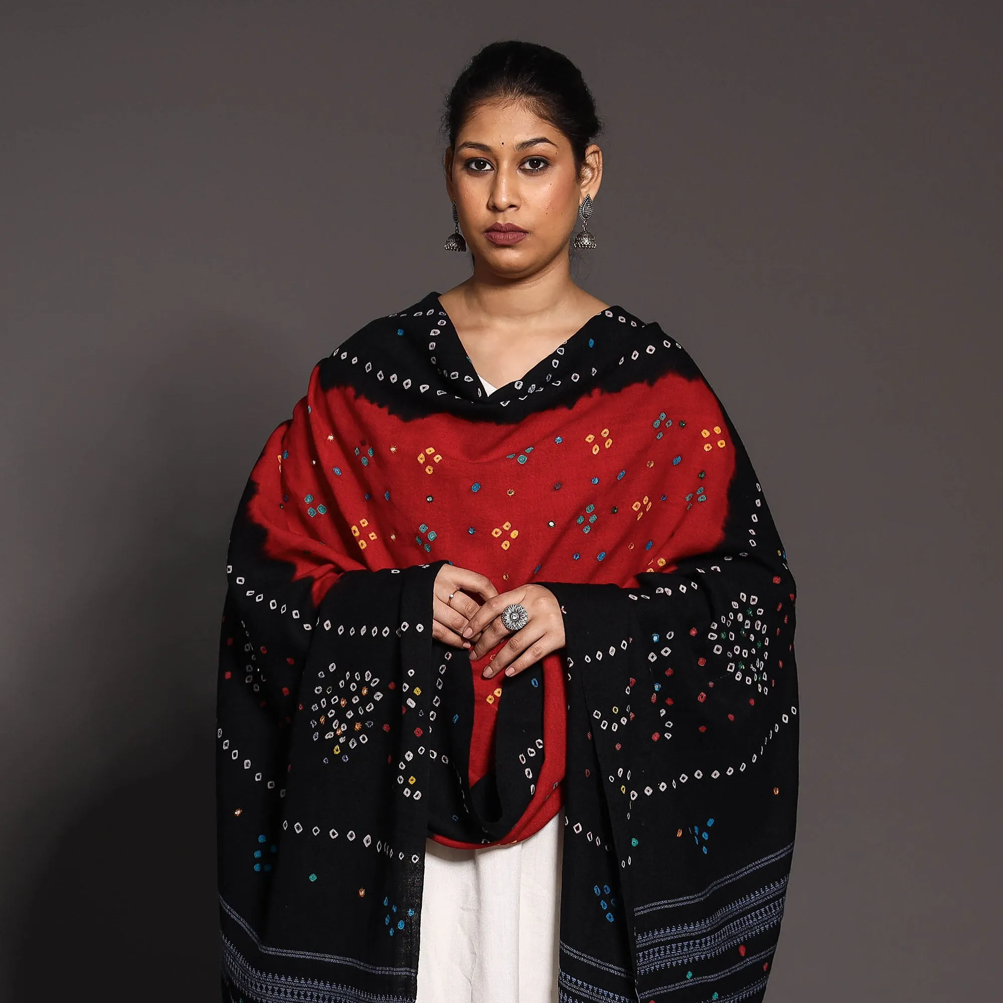Black - Kutch Mirror Work Handwoven Bandhani Tie-Dye Woolen Shawl