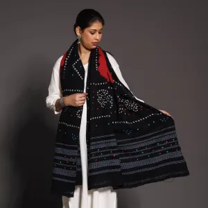 Black - Kutch Mirror Work Handwoven Bandhani Tie-Dye Woolen Shawl
