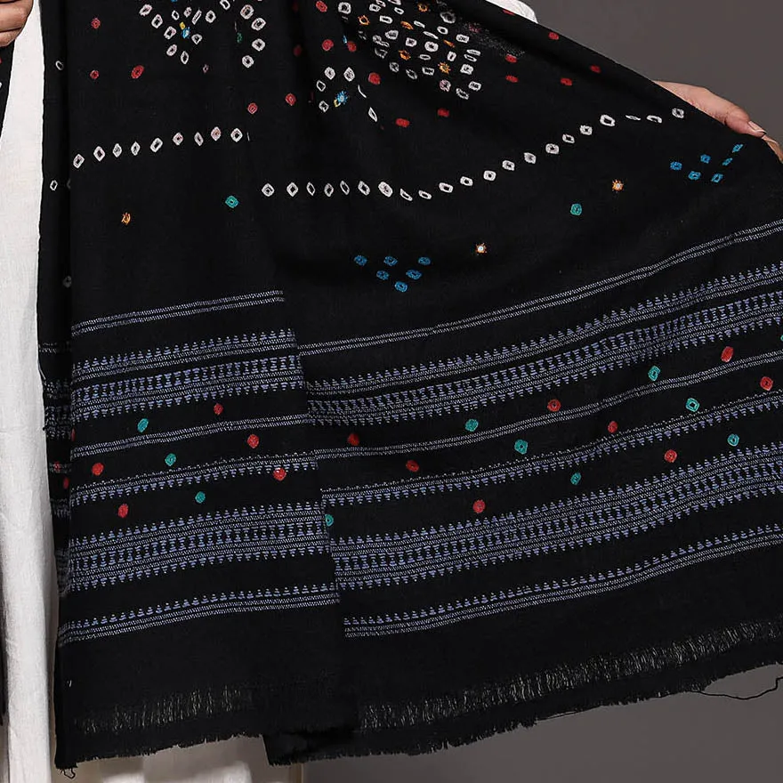 Black - Kutch Mirror Work Handwoven Bandhani Tie-Dye Woolen Shawl