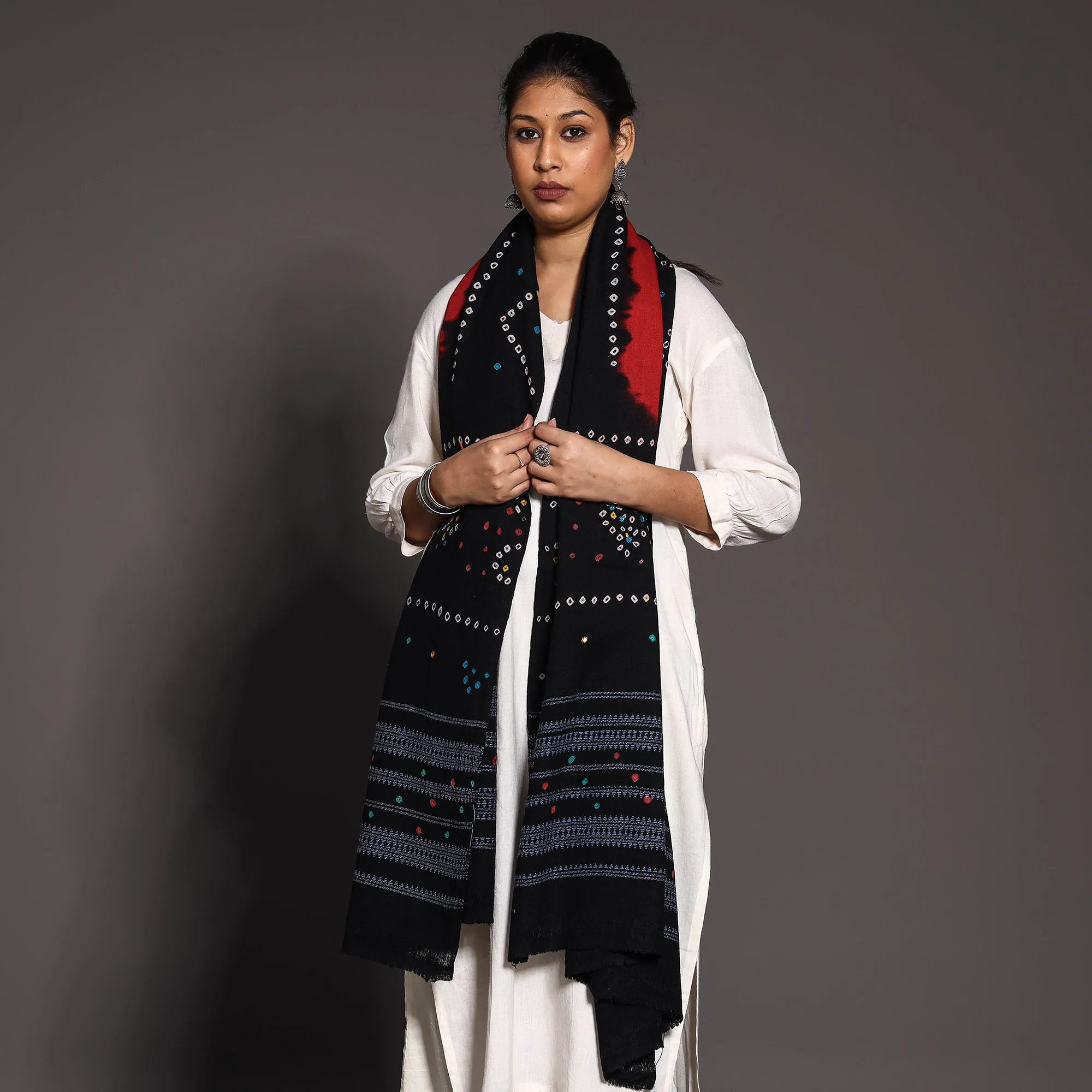 Black - Kutch Mirror Work Handwoven Bandhani Tie-Dye Woolen Shawl