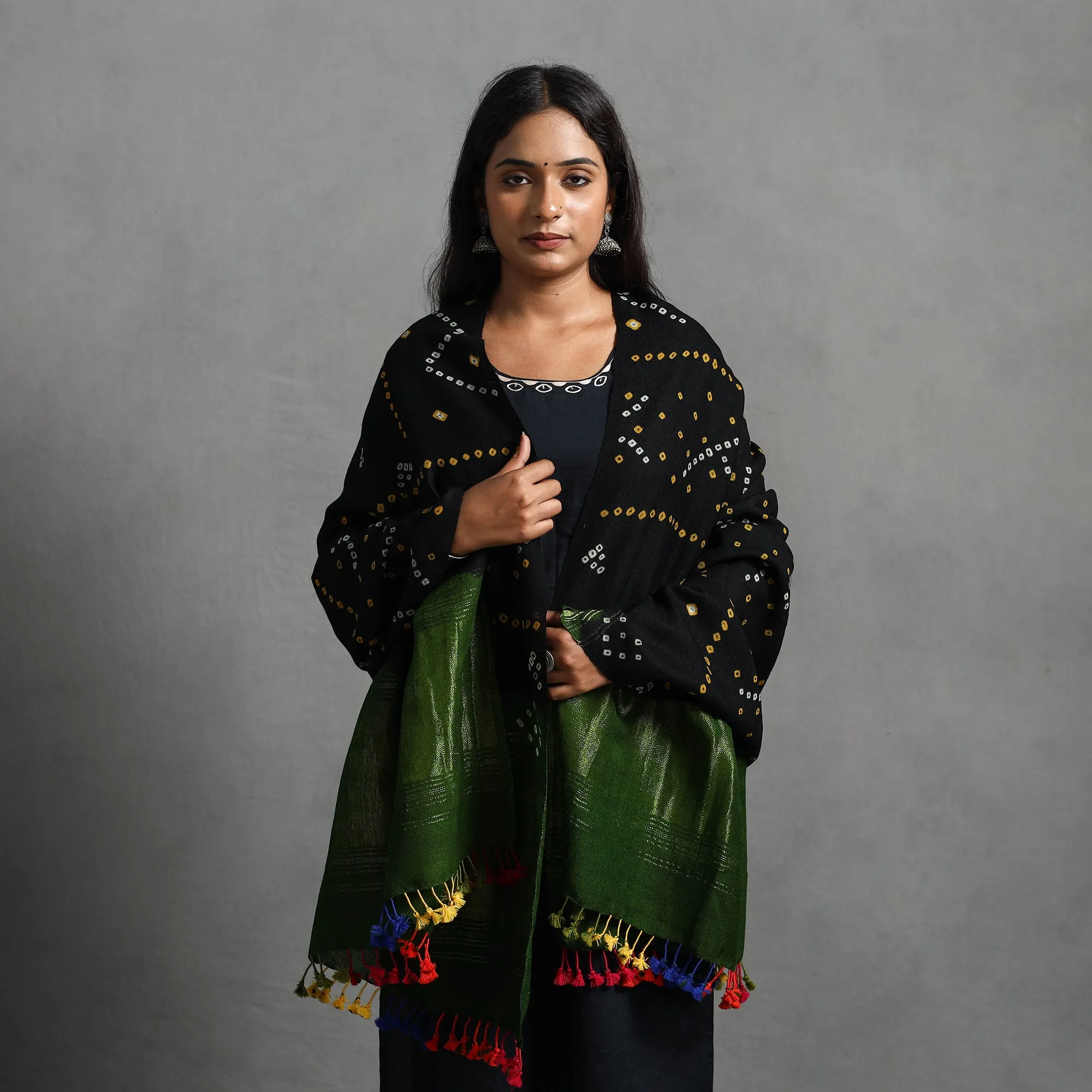 Black - Kutch Zari Work Handwoven Bandhani Woolen Shawl 21