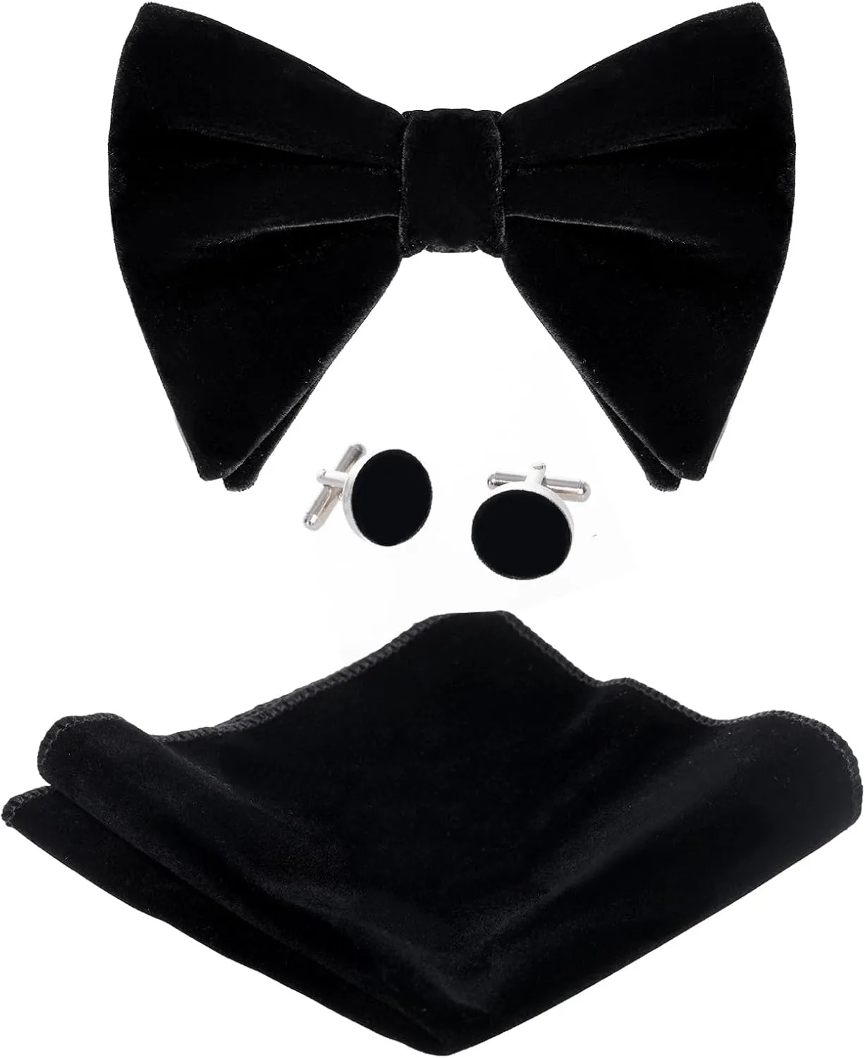 Black Velvet Bow Tie Pocket Square Cufflinks Set for Men, Solid Pre-tied Adjustable Bowtie, Men's Tuxedo Bow Ties