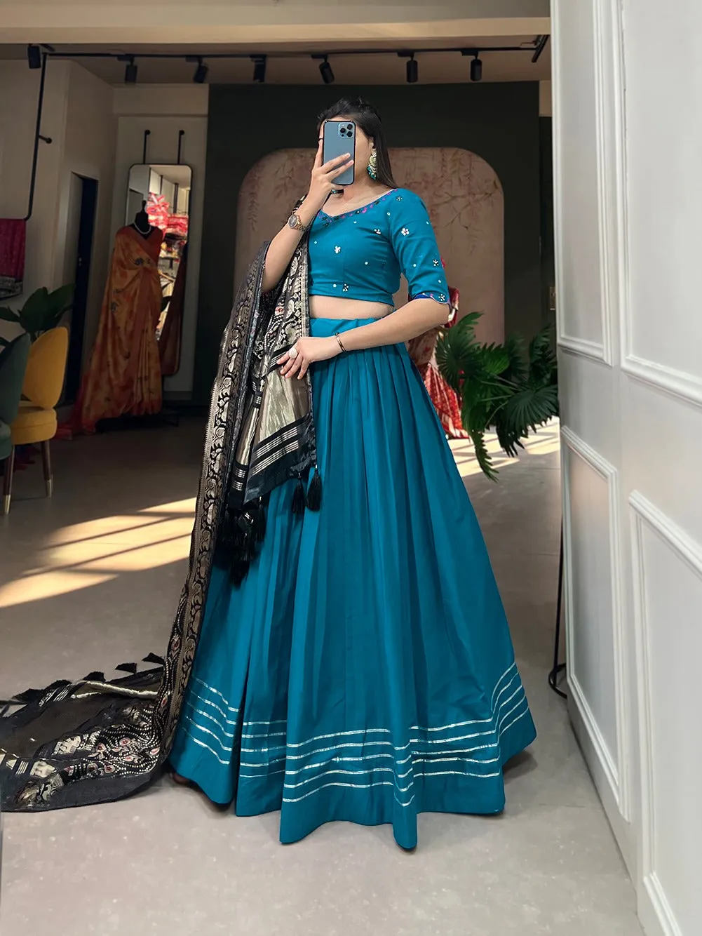 Blue Color Pure Cotton Lehenga & Gaji Silk Dupatta Set with Gota & Mirrorwork