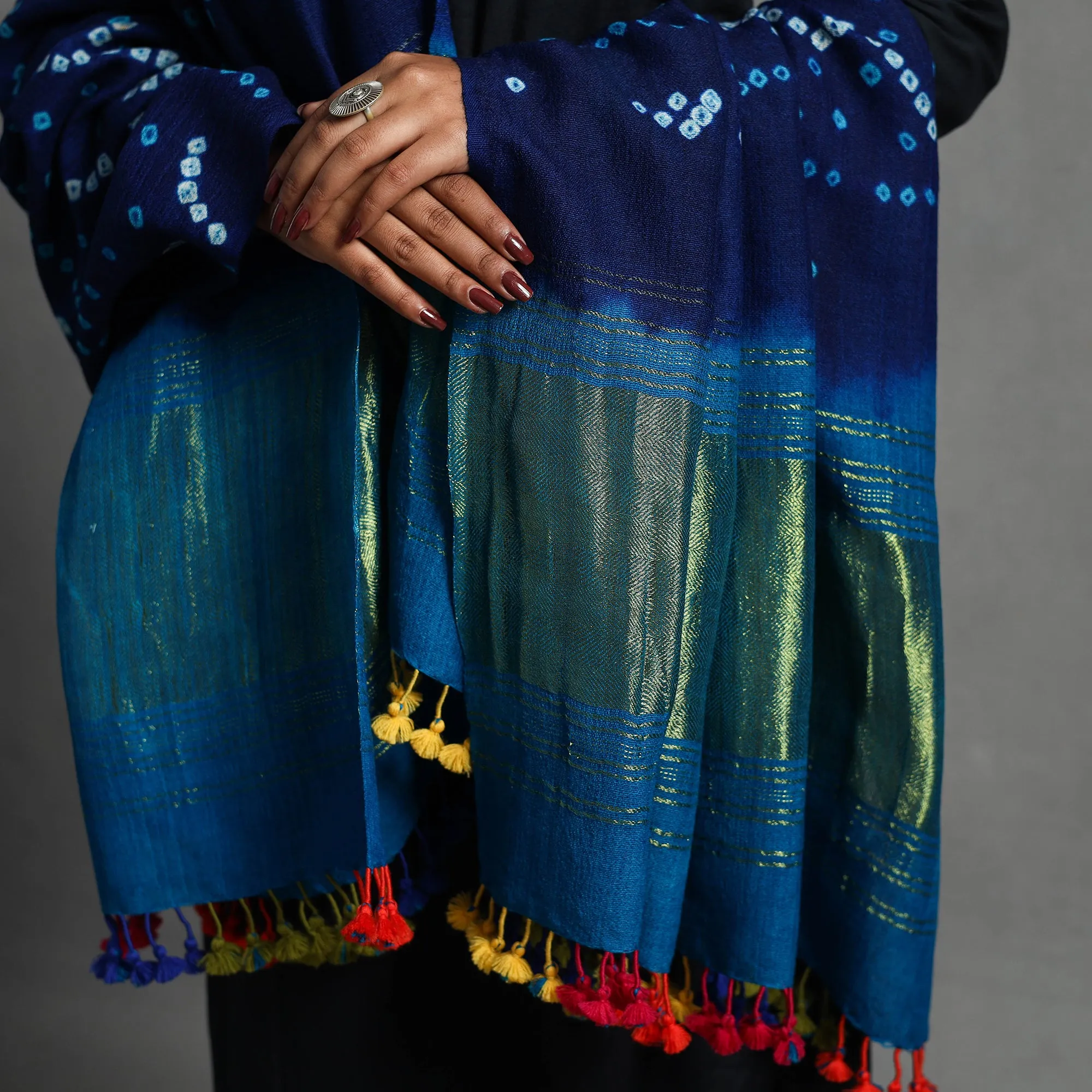 Blue - Kutch Zari Work Handwoven Bandhani Woolen Shawl 27