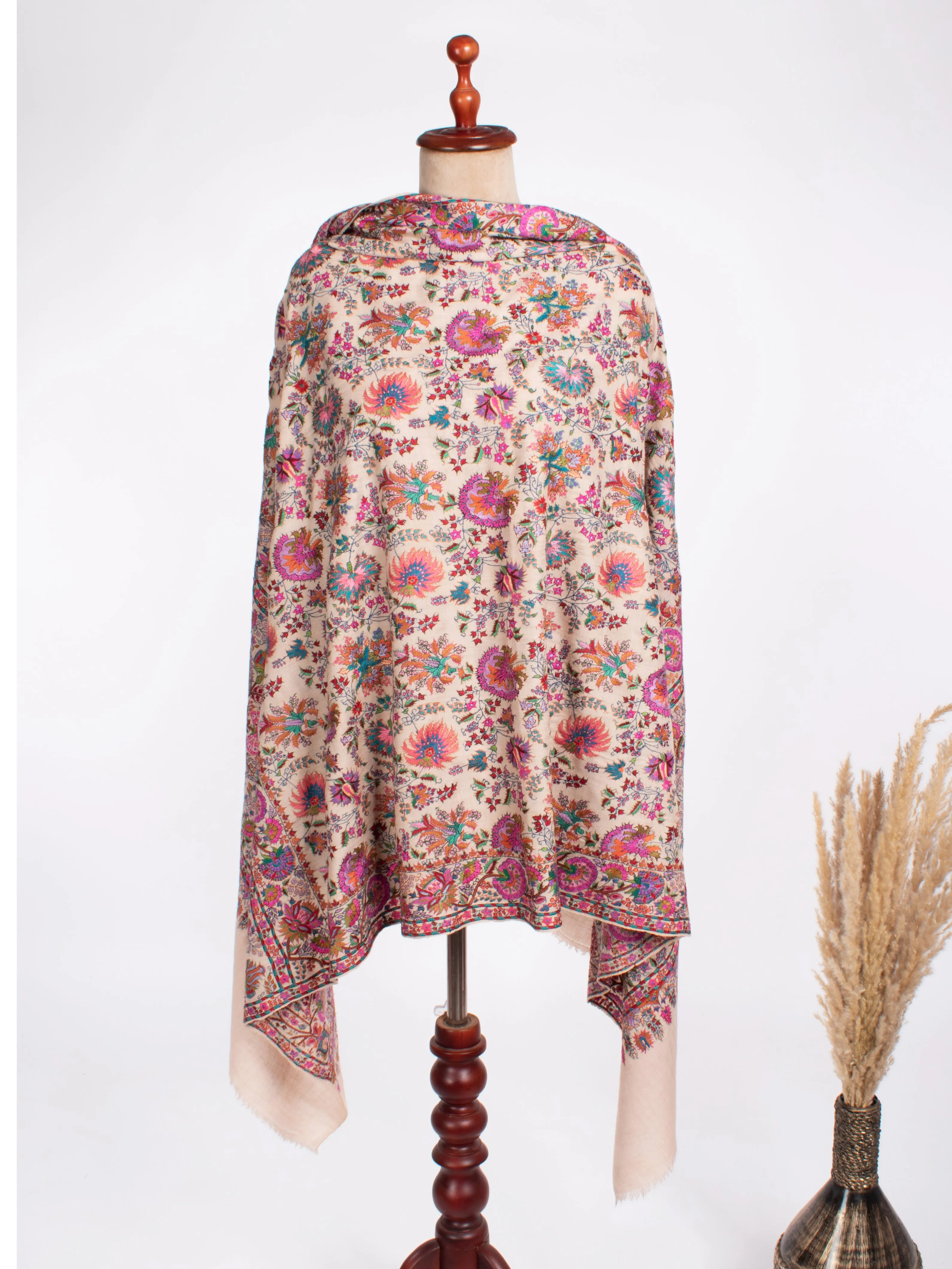 Bold Floral Mughal Motif Jamavar Pashmina Shawl Baby Pink