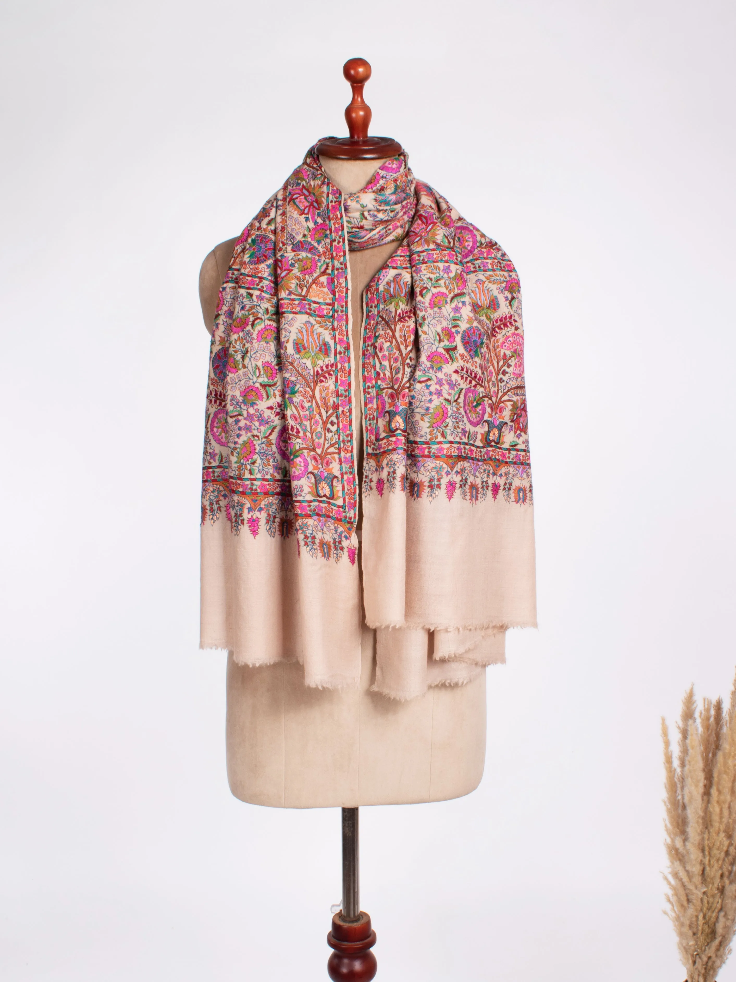 Bold Floral Mughal Motif Jamavar Pashmina Shawl Baby Pink