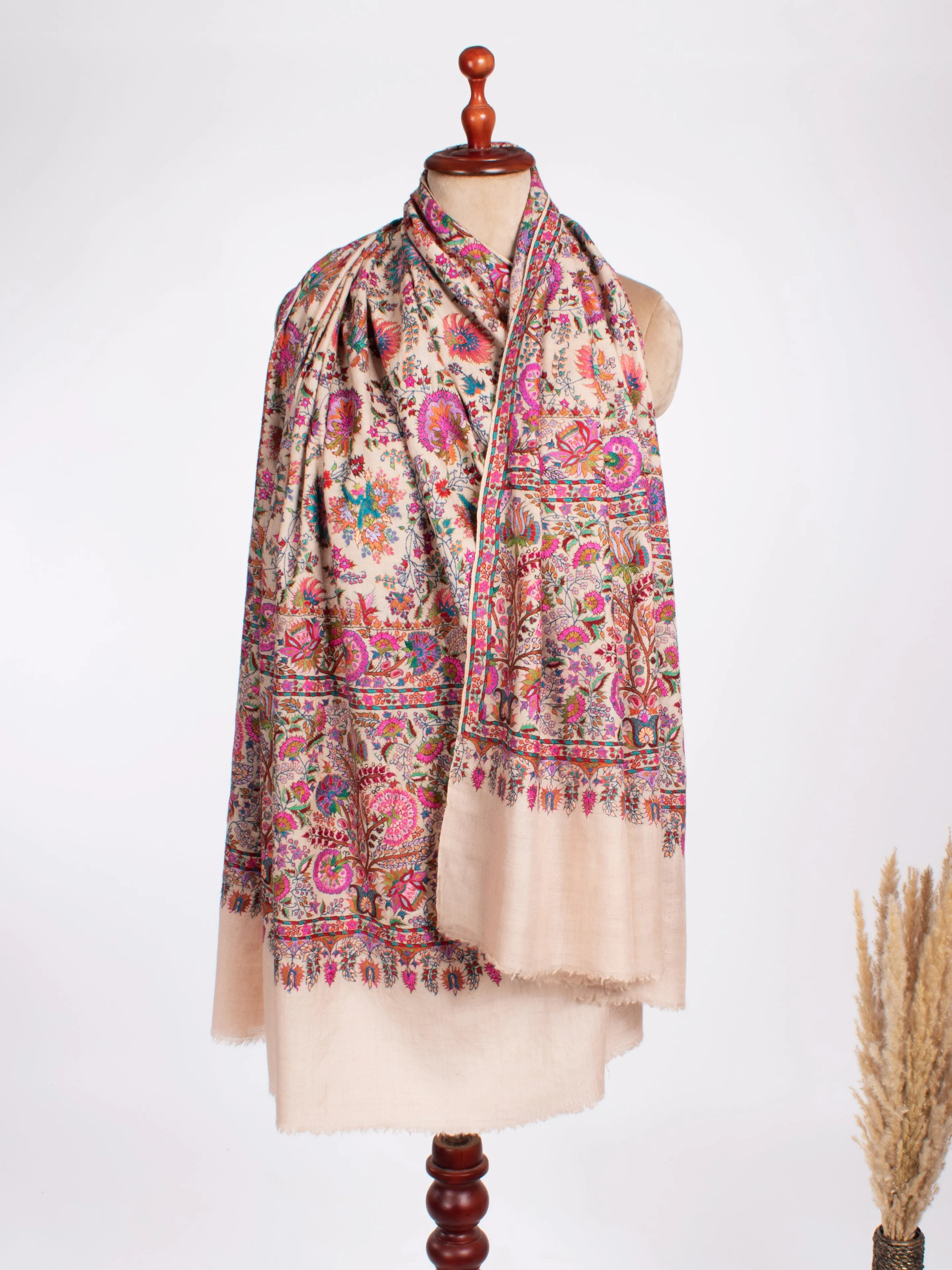 Bold Floral Mughal Motif Jamavar Pashmina Shawl Baby Pink