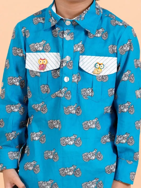 Boys  Blue Printed Pure Cotton Kurti With Pyjamas - Ps Peaches