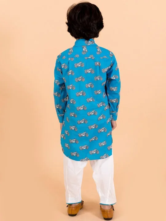 Boys  Blue Printed Pure Cotton Kurti With Pyjamas - Ps Peaches