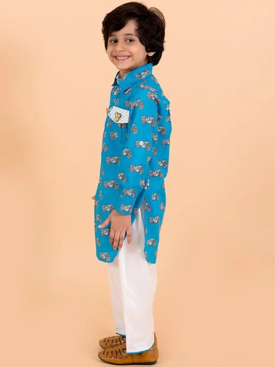 Boys  Blue Printed Pure Cotton Kurti With Pyjamas - Ps Peaches