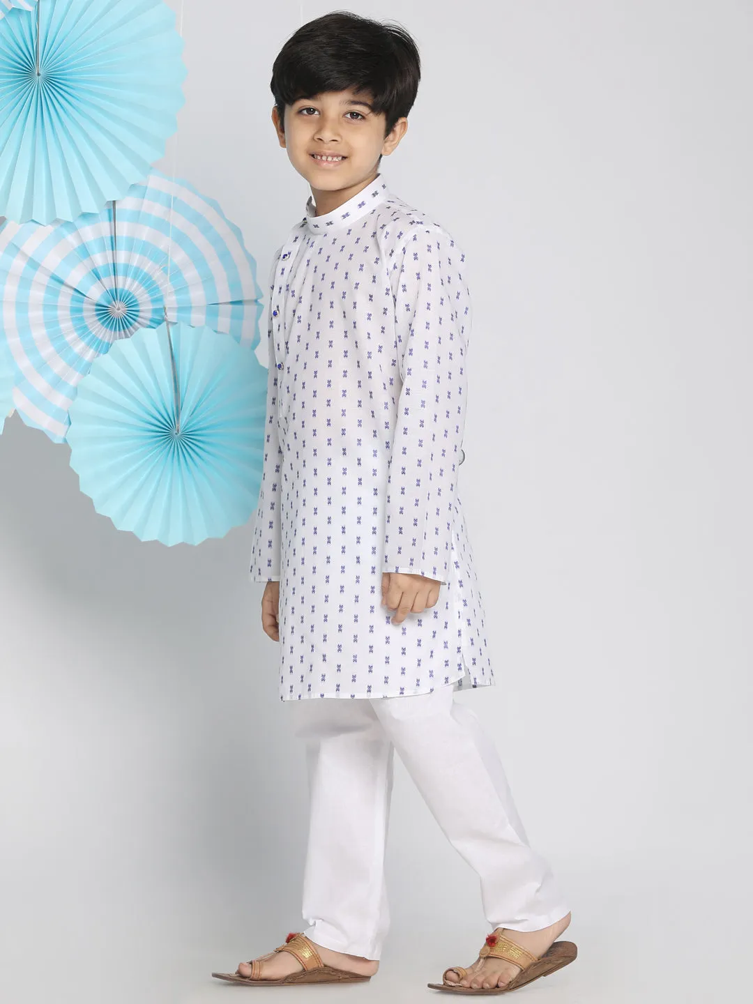 Boy's White And Blue Kurta Pyjama Set - Vastramay Boys