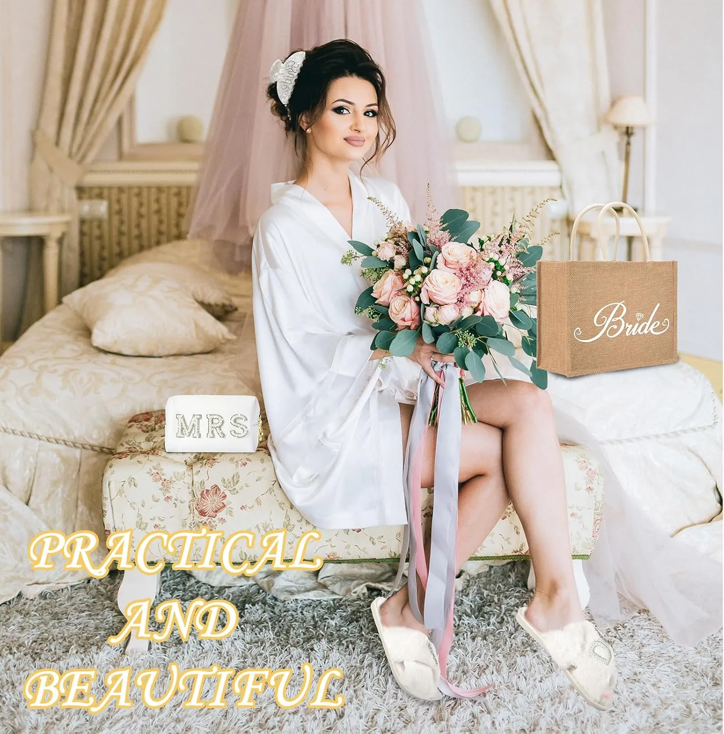 Bride to Be Gifts - Bridal Shower & Wedding Gifts - Bride Tote Bag, Slippers & Robe for Wedding Day