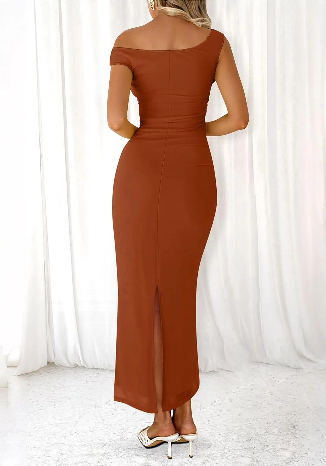 BTFBM Women 2025 Summer One Shoulder Bodycon Ruched Maxi Dresses Slit Mesh Long Formal Cocktail Wedding Guest Dress