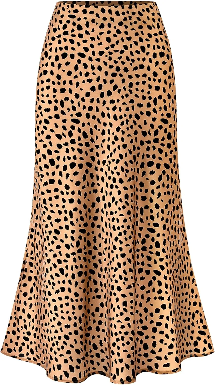 BTFBM Womens Leopard Print Skirt 2025 Summer Fall Midi Length High Waisted Elastic Satin Skirts Work Bussiness Outfits