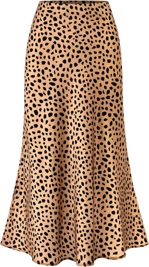 BTFBM Womens Leopard Print Skirt 2025 Summer Fall Midi Length High Waisted Elastic Satin Skirts Work Bussiness Outfits