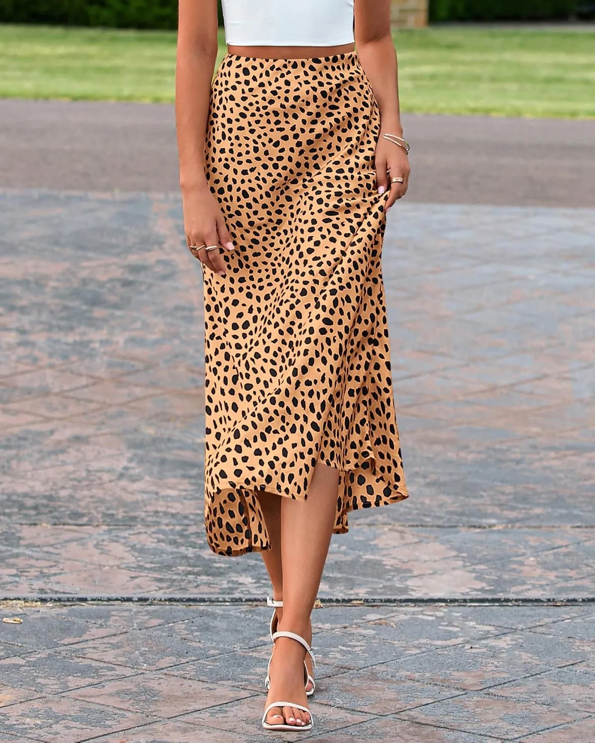 BTFBM Womens Leopard Print Skirt 2025 Summer Fall Midi Length High Waisted Elastic Satin Skirts Work Bussiness Outfits