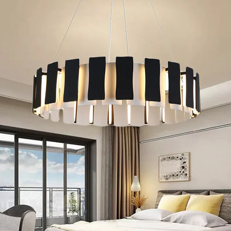 Contemporary LED Metal Drum Chandelier Lamp - Black Rectangle Panel Design