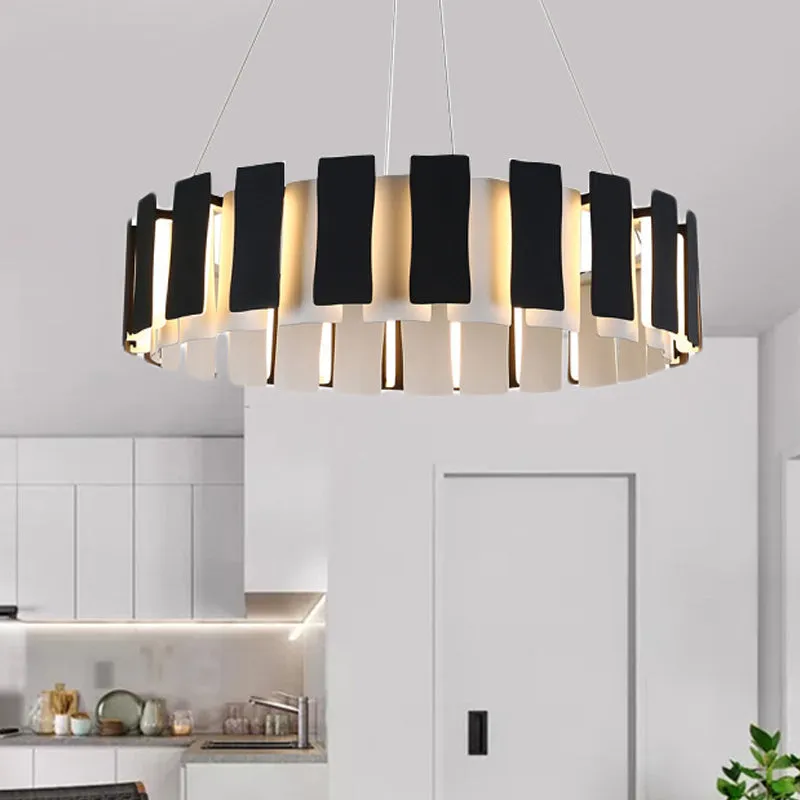 Contemporary LED Metal Drum Chandelier Lamp - Black Rectangle Panel Design