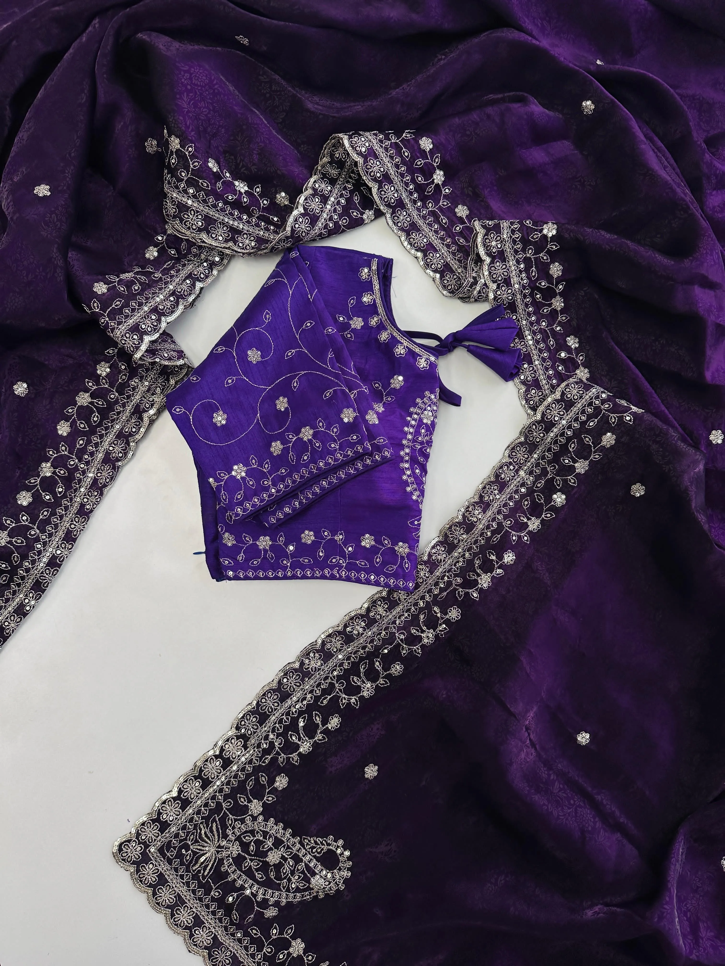 Dark Purple Soft Silk Saree with Elegant Rubber Weaving & Heavy Embroidery Work
