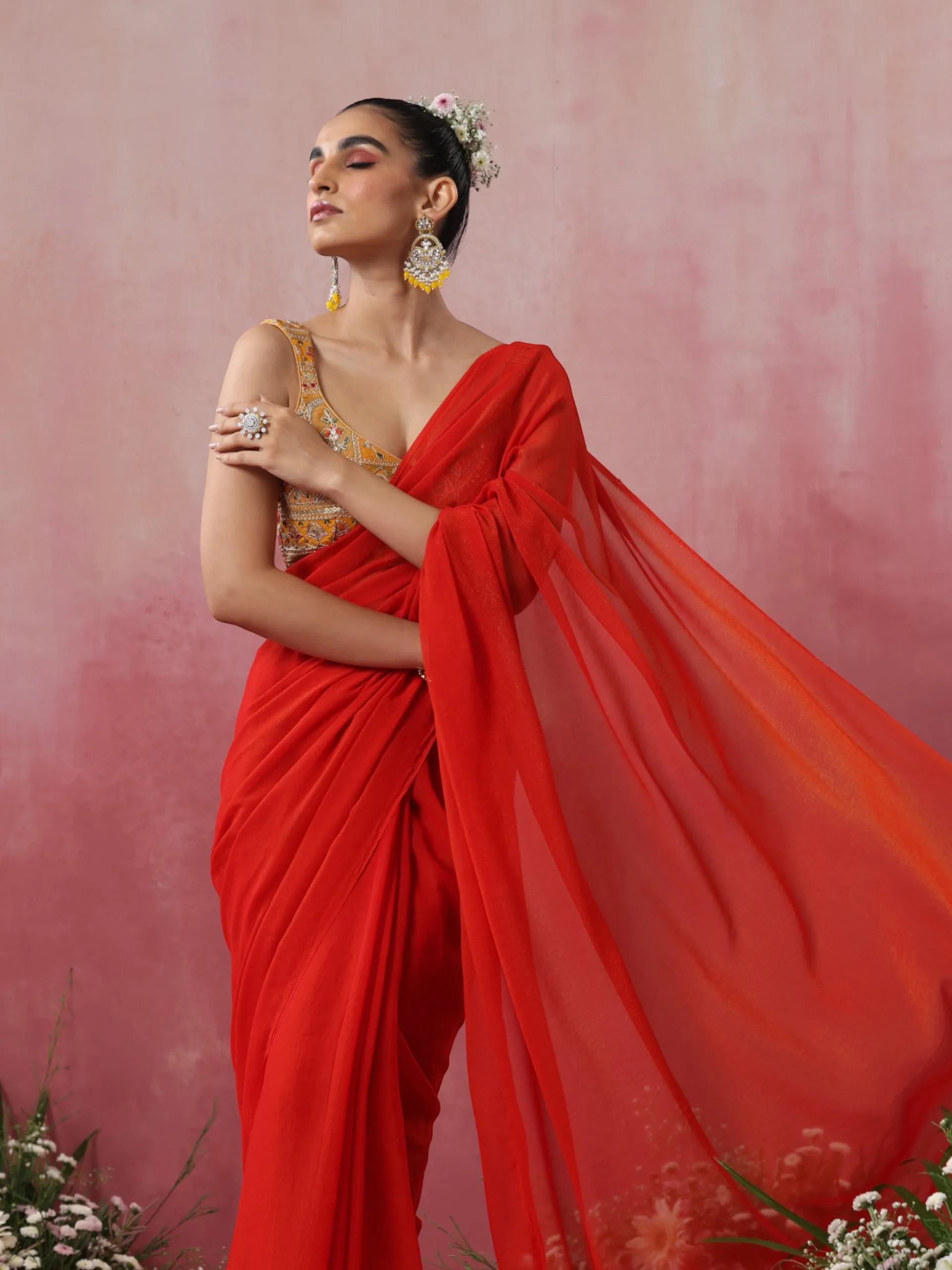 Duperstar Red Zari Chiffon Saree