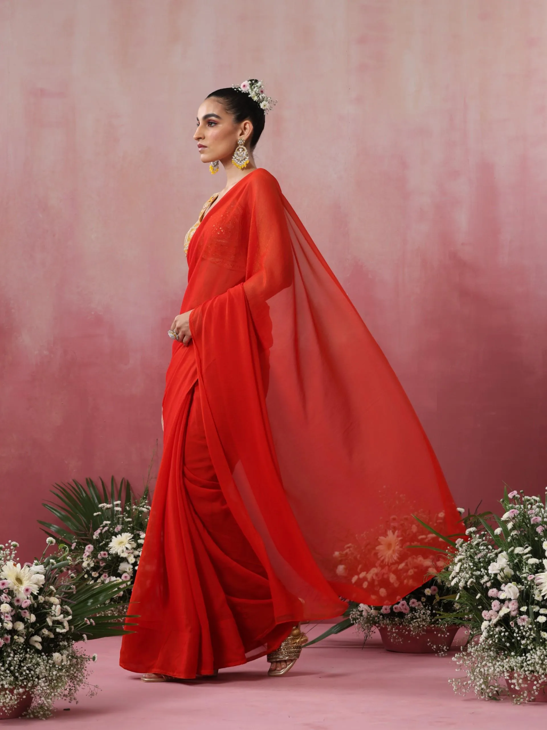 Duperstar Red Zari Chiffon Saree