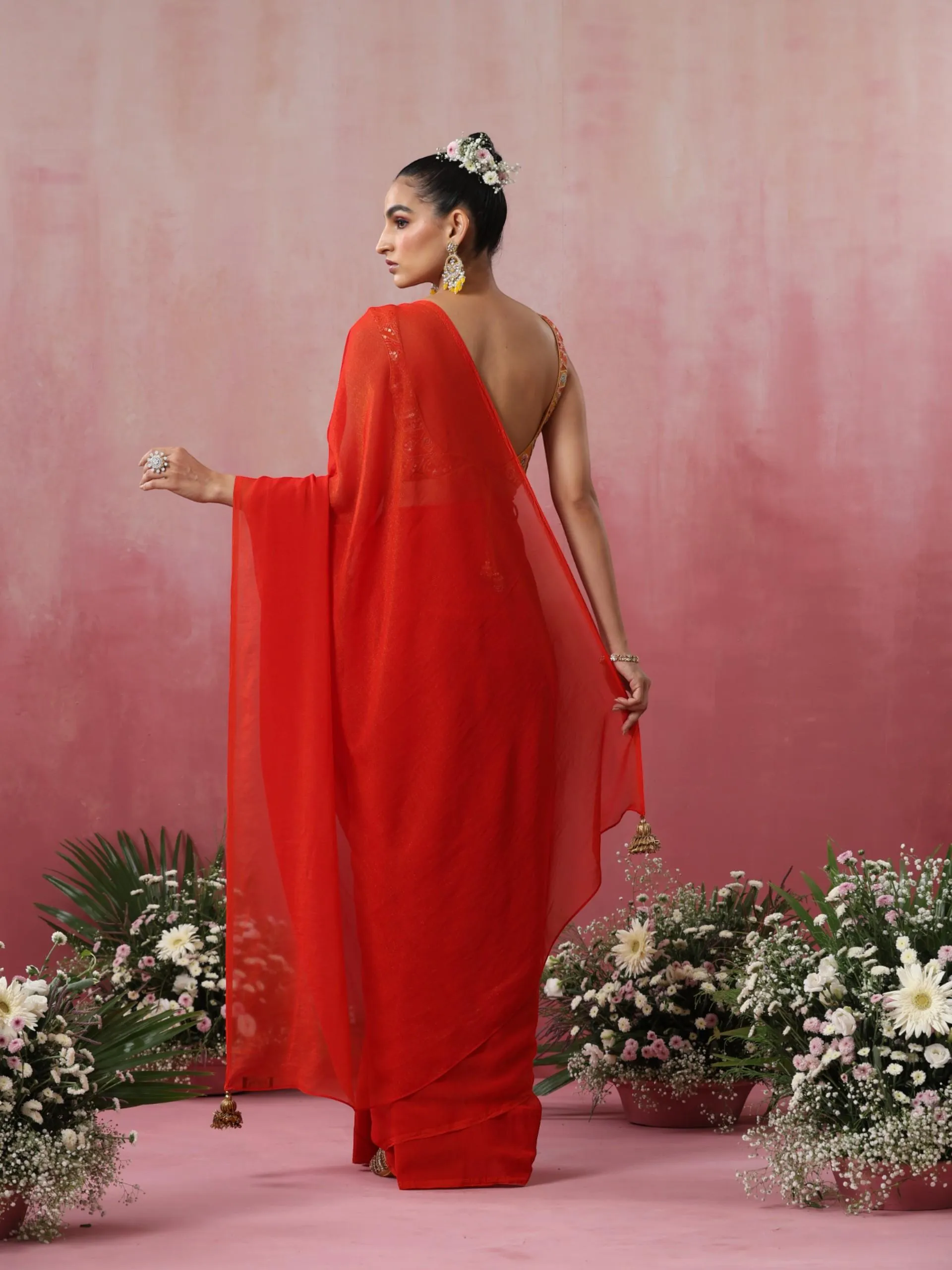 Duperstar Red Zari Chiffon Saree