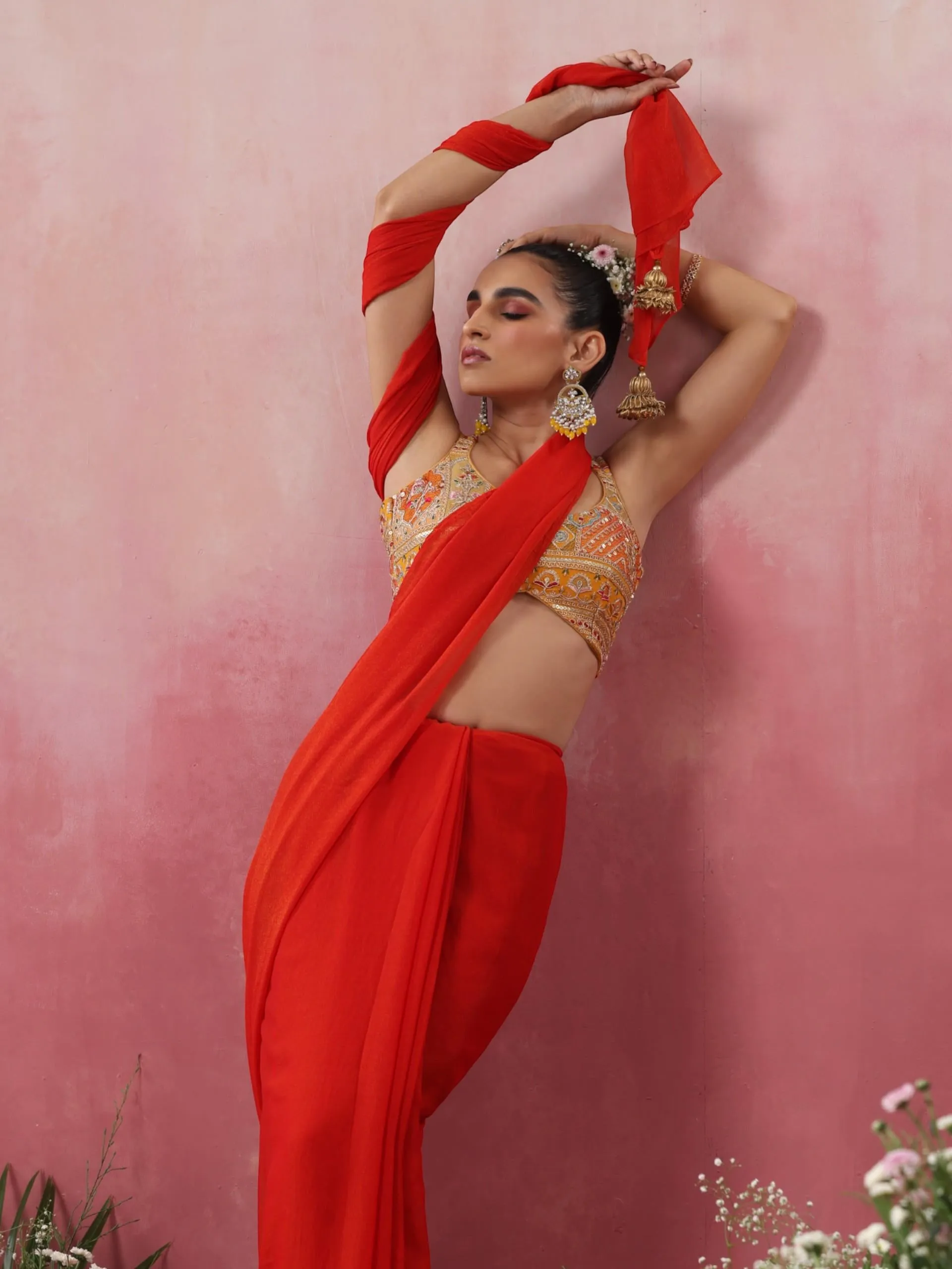 Duperstar Red Zari Chiffon Saree