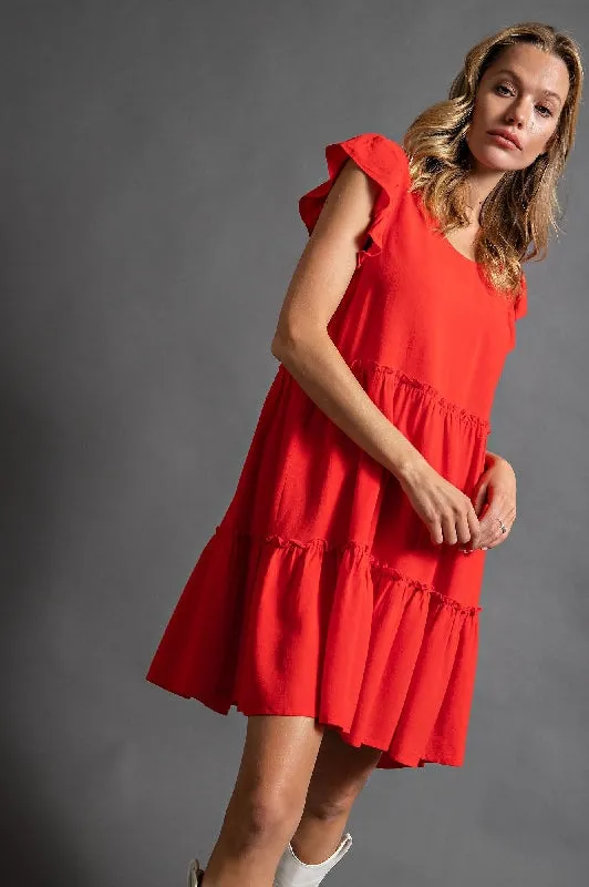 Easel Ruffle Babydoll Dress - Red