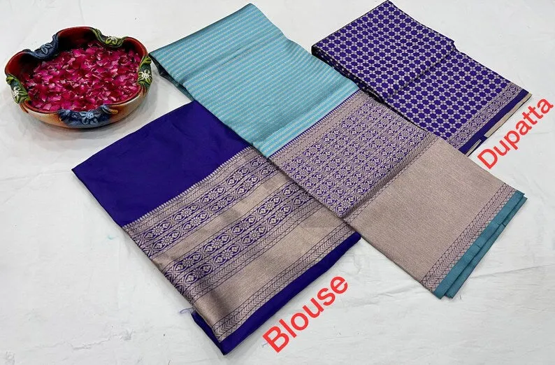 Elegant Blue Color Pure Banarasi Silk Half Saree Lehenga With Blouse