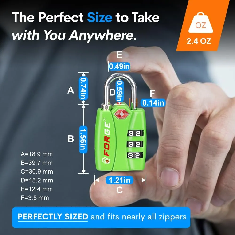 Forge TSA Luggage Combination Lock - Open Alert Indicator, Easy Read Dials, Alloy Body- Ideal for Travel, Lockers, Bags (Green 4PK)