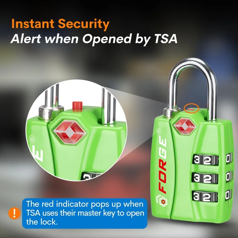 Forge TSA Luggage Combination Lock - Open Alert Indicator, Easy Read Dials, Alloy Body- Ideal for Travel, Lockers, Bags (Green 4PK)