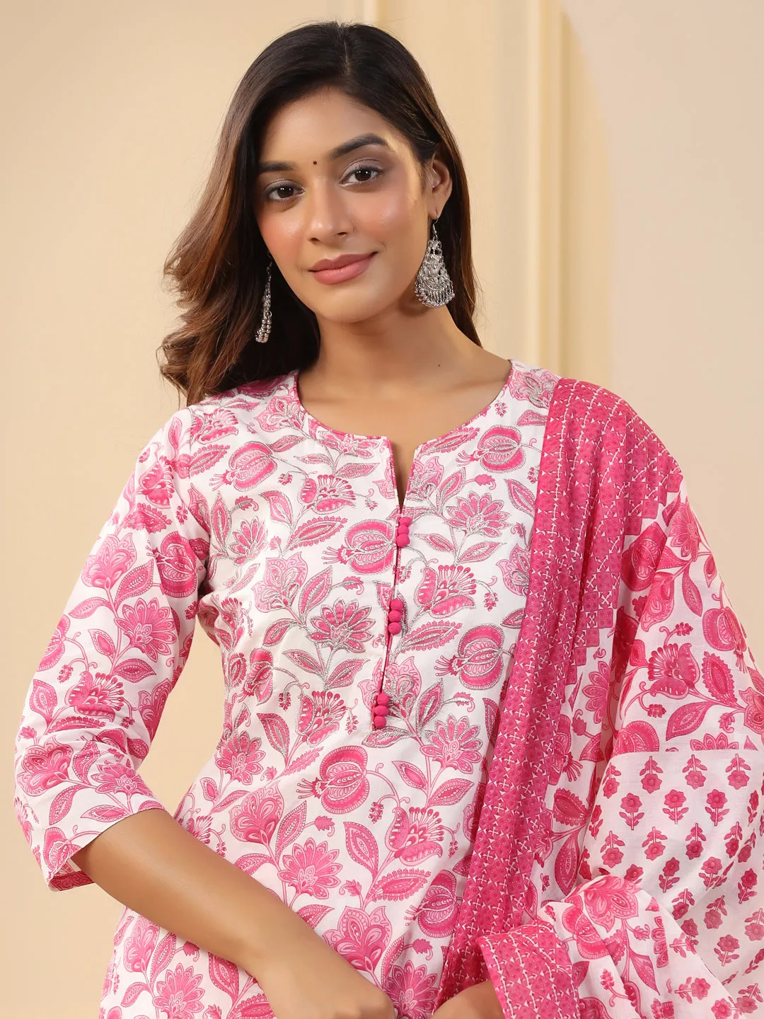 Fuchsia Ethnic Floral Printed Embroidered Kurta With Printed Pants And Printed Dupatta