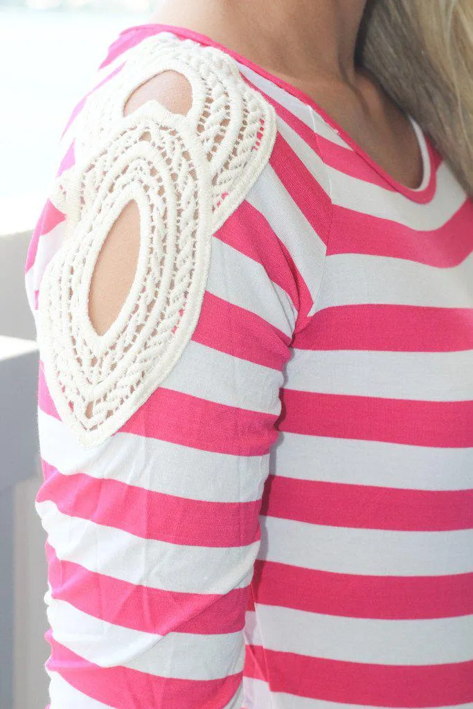 Fuchsia Striped Top With Crochet Shoulder